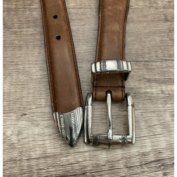 Roundtree and Yorke Brown Leather Belt Mens 38 Embellished Brass Western Concho - Picture 5 of 16